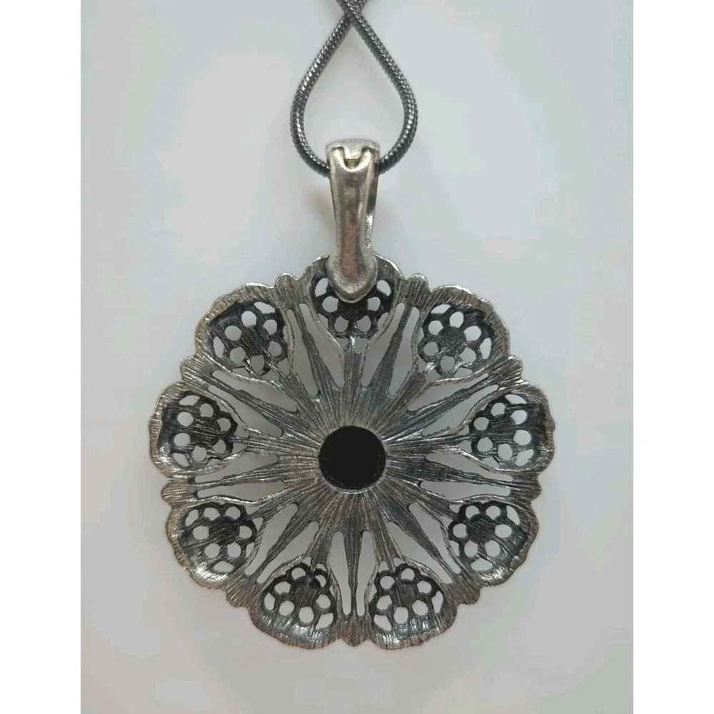 Boho Silver Tone Floral Pendant Necklace Black Faceted Stone Statement Vintage - Picture 5 of 8